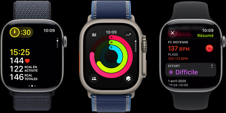 Trois Apple Watch affichant des données d’entraînement, les anneaux Activité et un bilan de séance