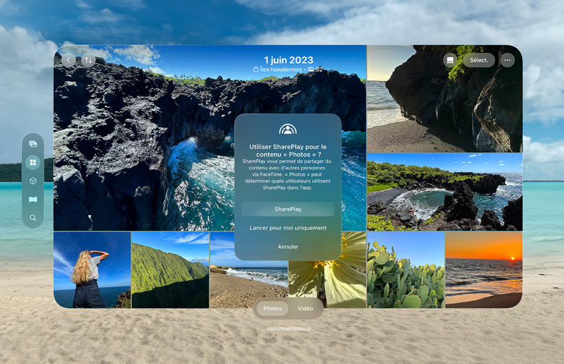Bibliothèque de photos dans l’interface SharePlay sur l’environnement Bora Bora. Une fenêtre intermédiaire s’affiche avec le titre « Contenu photo SharePlay », accompagnée de trois boutons : « SharePlay », « Démarrer pour moi seul » et « Annuler »