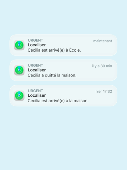 Notifications de Localiser sur iPhone, qui répertorient les mouvements d’une famille, comme « Cecilia est arrivée à l’école », « Cecilia a quitté la maison », « Cecilia est rentrée à la maison ».