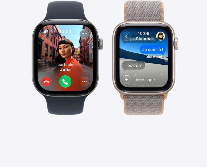 Plusieurs Apple Watch Series 12, écrans : appel entrant, photo du contact, boutons pour accepter ou refuser l’appel, conversation iMessage, associées à un Bracelet Sport, noir, une Boucle Sport, bleu chambray (bleu-gris clair)