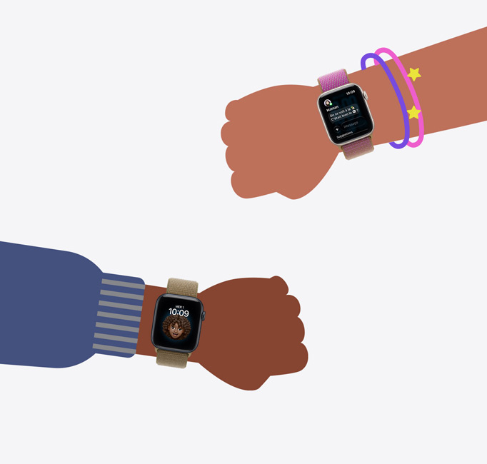 Apple Watch pour vos enfants, illustrations de poignets d’enfants portant des Apple Watch SE 3