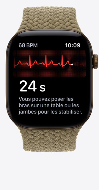 Apple Watch Series 12, boîtier en aluminium, couleur bronze sombre, app ECG, tracé de fréquence cardiaque et minuteur, Bracelet Boucle unique tressée, couleur olive (vert kaki clair)