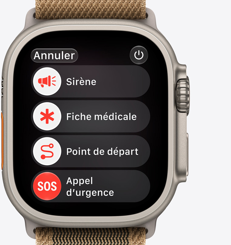 Apple Watch Ultra 4, boîtier en titane, finition naturelle, écran affichant les options d’aide d’urgence : sirène, fiche médicale, point de départ, appel d’urgence