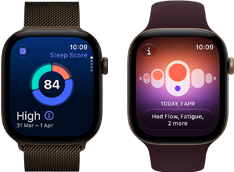 Δύο συσκευές Apple Watch Series 12, κάσα από αλουμίνιο σε σκούρο μπρονζέ χρώμα, κυκλικό γράφημα ποιότητας ύπνου, Digital Crown, λουράκι Milanese Loop σε σκούρο μπρονζέ χρώμα, κάσα από αλουμίνιο σε ανοιχτό χρυσαφί χρώμα, Καταγραφή Κύκλου, λουράκι Sport Band σε μπορντό χρώμα