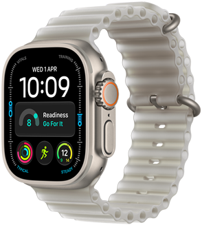 Apple Watch Ultra 4, κάσα από τιτάνιο, φυσικό χρώμα, πρόσοψη Modular, πολυπλοκότητες: ημέρα και ημερομηνία, ετοιμότητα, καρδιακοί παλμοί, προπόνηση Τρεξίματος, Καιρός, δεξιά εξωτερική πλαϊνή όψη, Digital Crown, υπερυψωμένο πλευρικό κουμπί, λουράκι Ocean Band, ημιδιαφανές γκρι χρώμα