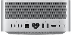 Mac&nbsp;Studio, πίσω όψη, αεραγωγοί αλουμινίου, τέσσερις θύρες Thunderbolt&nbsp;5, μία θύρα Ethernet, μία υποδοχή τροφοδοσίας, δύο θύρες USB-A, μία θύρα HDMI, μία υποδοχή ακουστικών και κουμπί τροφοδοσίας