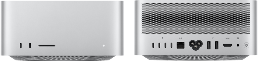 Mac&nbsp;Studio, μπροστινή όψη, δύο θύρες USB-C, υποδοχή κάρτας SDXC, λυχνία ένδειξης κατάστασης, κωνική βάση στο κάτω μέρος, επίπεδο επάνω μέρος, στρογγυλεμένες πλευρές, ευθείες άκρες, Ασημί χρώμα, Mac&nbsp;Studio, πίσω όψη, αεραγωγοί από αλουμίνιο, τέσσερις θύρες Thunderbolt&nbsp;5, μία Ethernet, μία υποδοχή τροφοδοσίας, δύο θύρες USB-A, μία θύρα HDMI, μία υποδοχή ακουστικών και κουμπί λειτουργίας