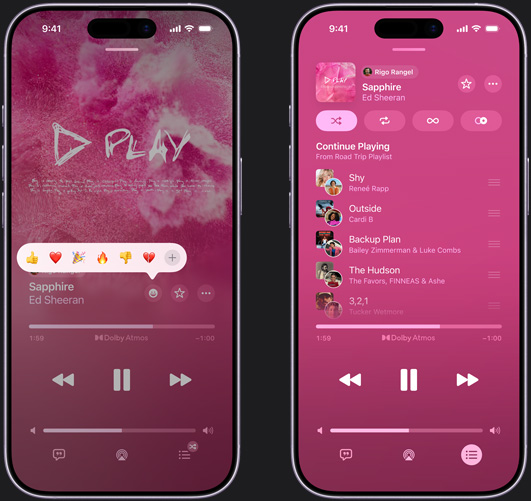 iPhone on left showing “Sapphire” by Ed Sheeran playing on iPhone screen with reaction emoji prompt showing options to thumbs up, heart, celebrate, thumbs down, or add another reaction. iPhone on right showing collaborative playlist called Road Trip Playlist with multiple songs added by other contributors