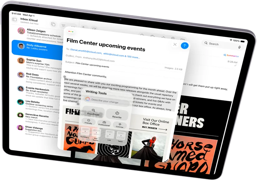 Landscape view of iPad Air showcasing Apple Intelligence, with Writing Tools and Mail