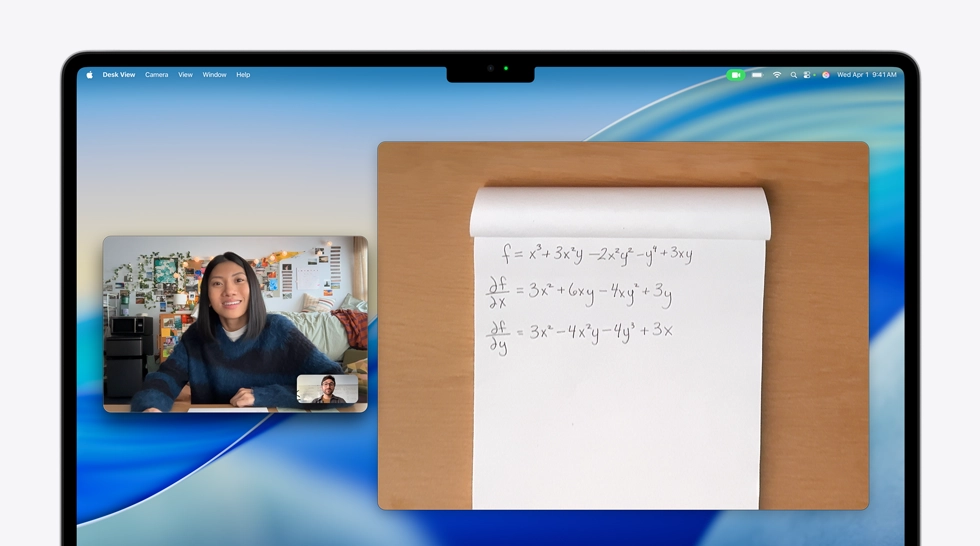 Video call on MacBook Air of a person using the Desk View feature to show a math equation to a person on the call, Desk View lets them show their workspace and their face simultaneously