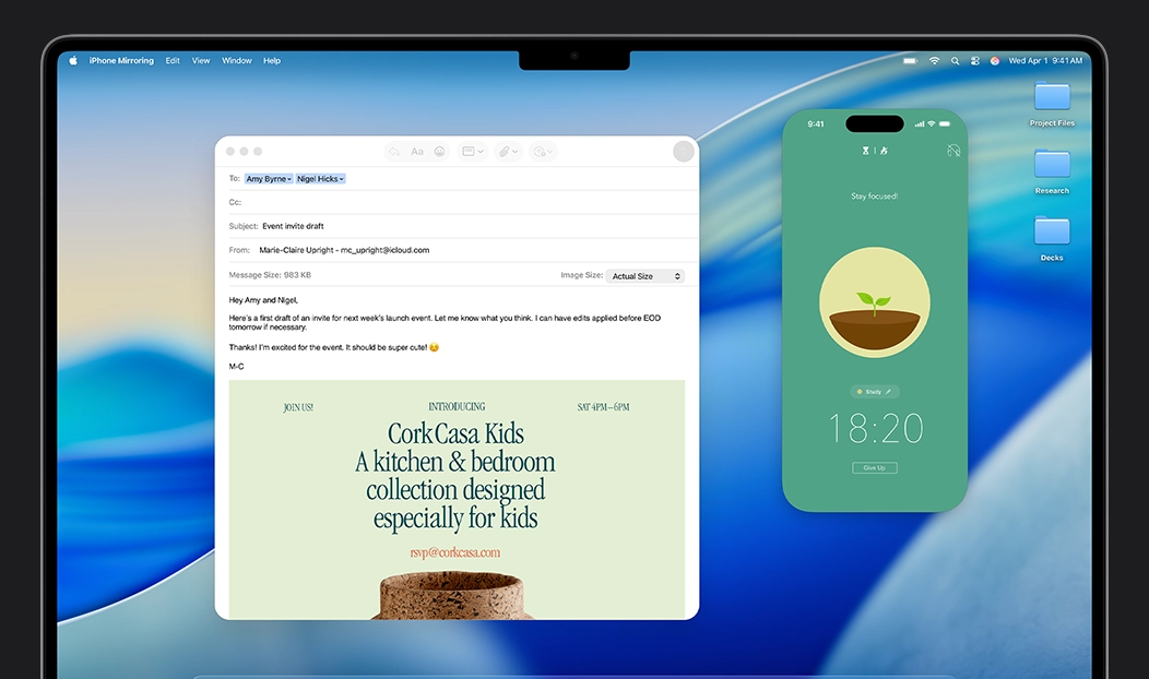 MacBook Pro, Mail app open, iPhone screen mirrored on MacBook Pro screen shows Forest