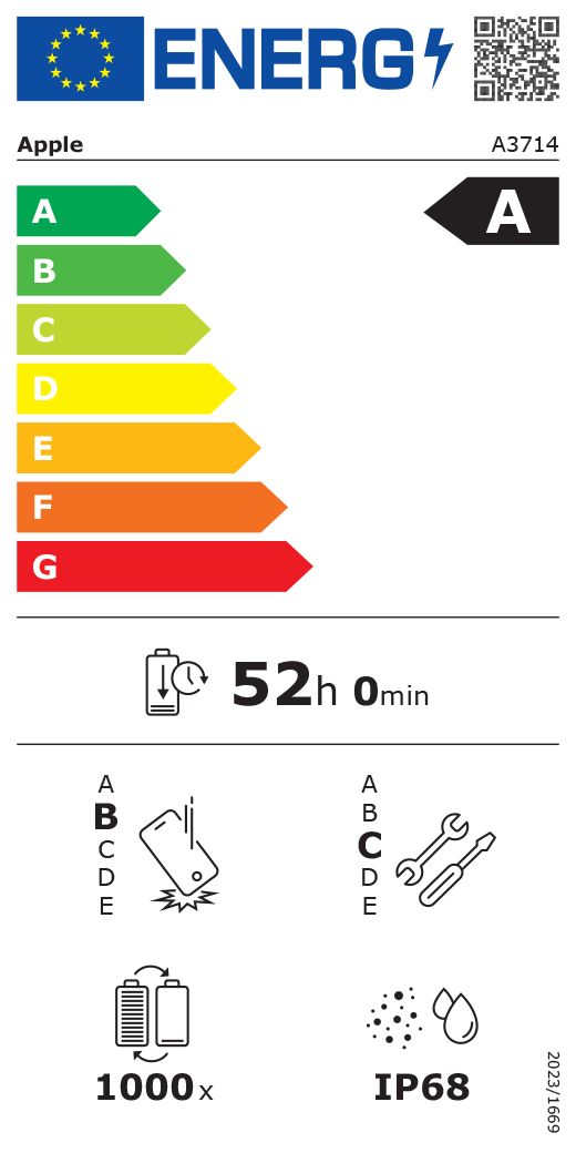 QR kod i informacije za EU oznaku energetske učinkovitosti, Appleov model A3714, razred A, razredi energetske učinkovitosti (prema ljestvici od A do G), od A (najučinkovitije) do G (najmanje učinkovito), izdržljivost baterije po ciklusu, 52 sata i 0 minuta po punom punjenju baterije, razred B za pouzdanost pri višekratnim slobodnim padovima, od A (najizdržljivije) do E (najmanje izdržljivo), razred C za popravljivosti, od A (najlakše popravljivo) do E (najteže popravljivo), 1000 ciklusa izdržljivosti baterije, ocjena IP68 za zaštitu od prodora prašine i vode (IP), uredba 2023/1669