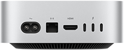 Mac mini, stražnja strana, utičnica za napajanje, priključak za Ethernet, priključak HDMI, tri priključka Thunderbolt