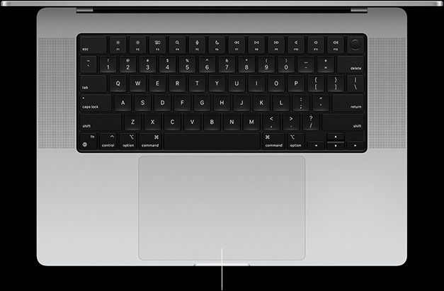 A felnyitott fedelű 16 hüvelykes MacBook Pro felülnézeti képe, melyen jól látszik a billentyűzet alatt elhelyezkedő Force Touch érintőpad