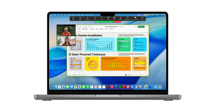Demonstrasi aplikasi seperti Microsoft PowerPoint, Pesan, dan Pages di MacBook Pro 14“.