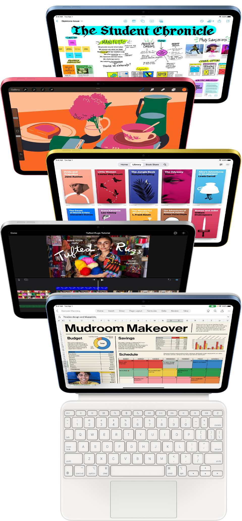 Beberapa layar iPad yang menghadap ke depan menampilkan berbagai aplikasi, termasuk Freeform, ProCreate, Apple Books, iMovie, dan Excel dengan Webex Meetings.
