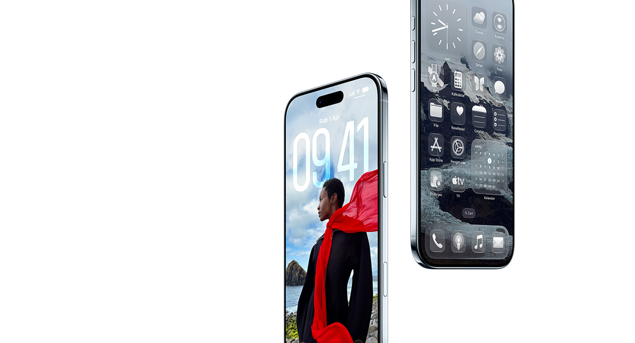 Dua perangkat iPhone Air, eksterior depan, eksterior samping, bentuk tipis, Layar Terkunci dinamis, Layar Home dengan aplikasi Liquid Glass