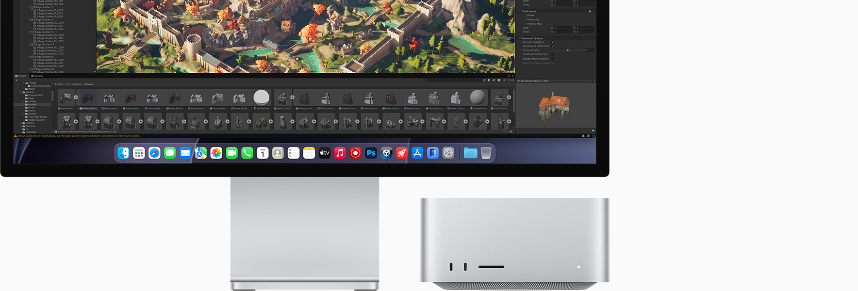 Studio Display XDR, layar menampilkan Unity Editor, Mac Studio, tampilan depan