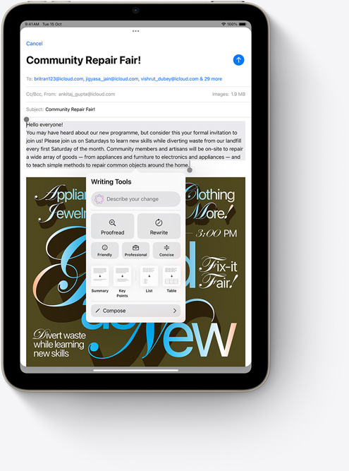 iPad mini showing Writing Tools in Mail, a new Apple Intelligence feature.