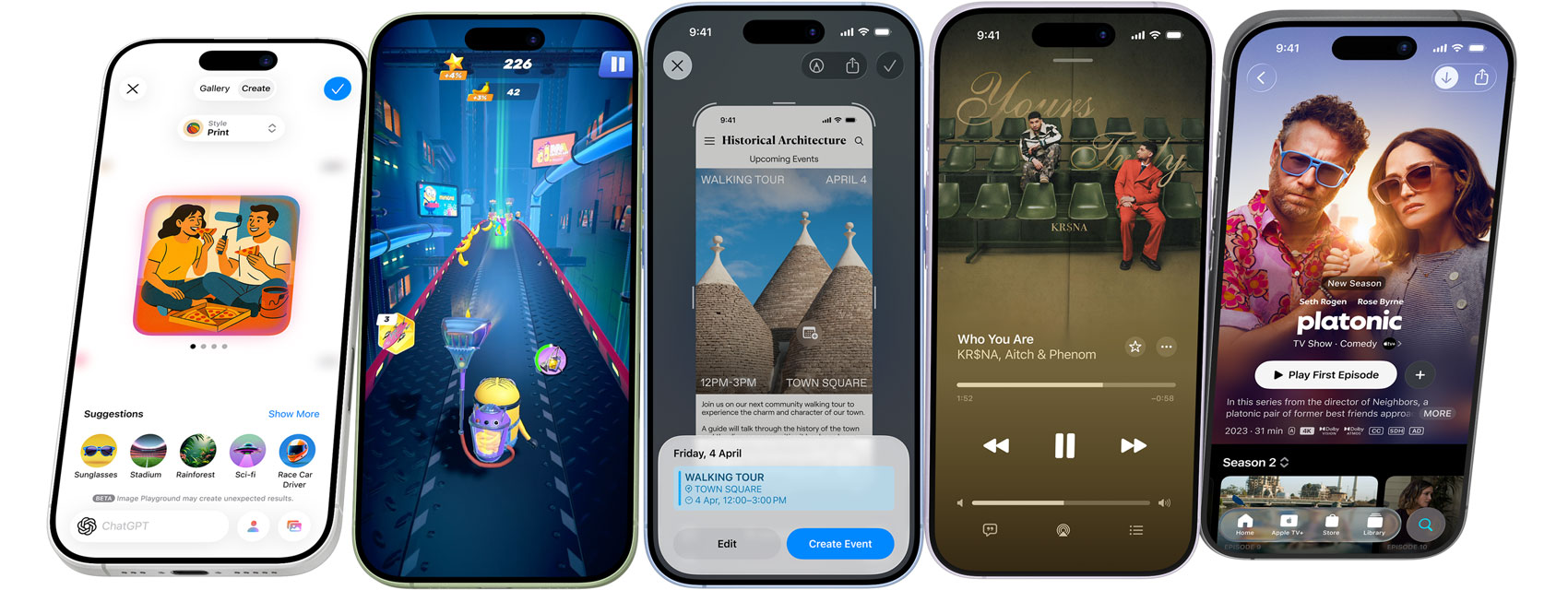iPhone 17 devices spinning end over end, stopping on screens showing iPhone features