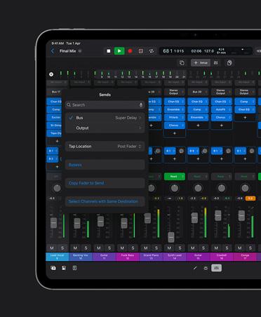 iPad Pro 13 screen showing Mixing workspace with soundwave layers and various dials and settings at the bottom