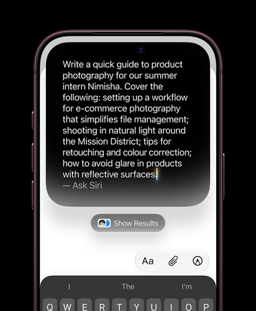 iPhone screen showing detailed typed prompt for Write with Siri to create a draft