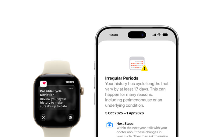 Health app Cycle Tracking update of Possible Cycle Deviation on Apple Watch Series 12 Sand Sport Strap with Aluminium Light Gold case and iPhone 18 Pro