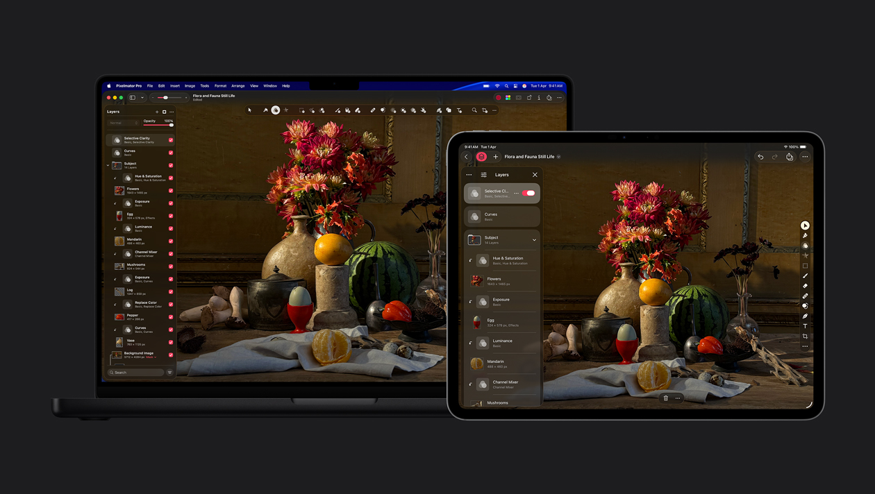 MacBook Pro 16″ and iPad Pro 13″ screens, Pixelmator Pro, flora and fauna still-life painting, layers toolkit on the left