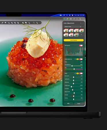 MacBook Pro 16″ screen, close-up photo of salmon caviar on plate, colour adjustments tool