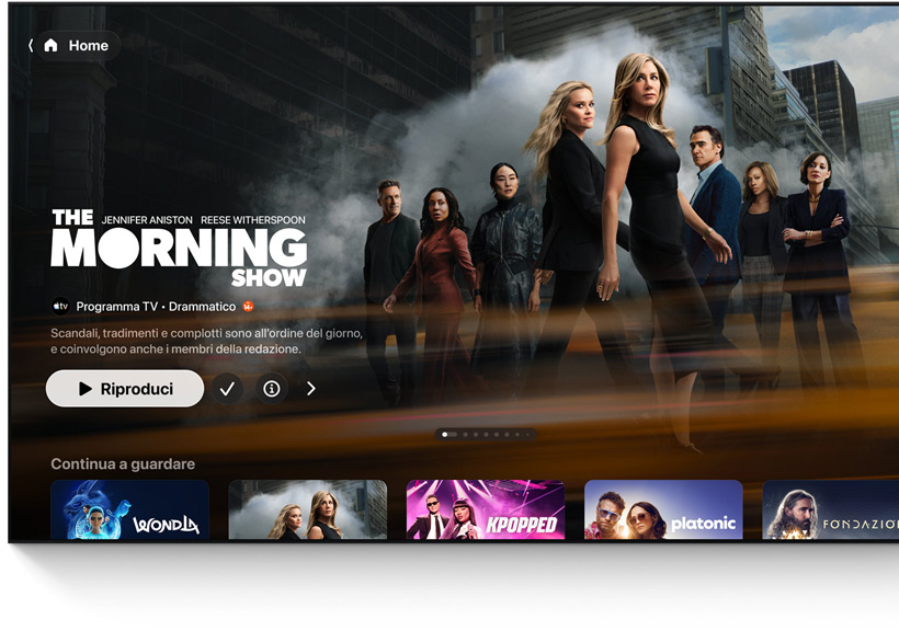 Un televisore a schermo piatto che mostra la schermata iniziale dell’app Apple TV
