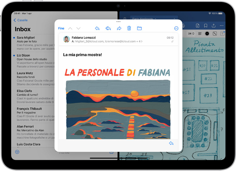 Una schermata di iPad che mostra le app Mail e GoodNotes affiancate. In una finestra separata c’è un’email aperta.