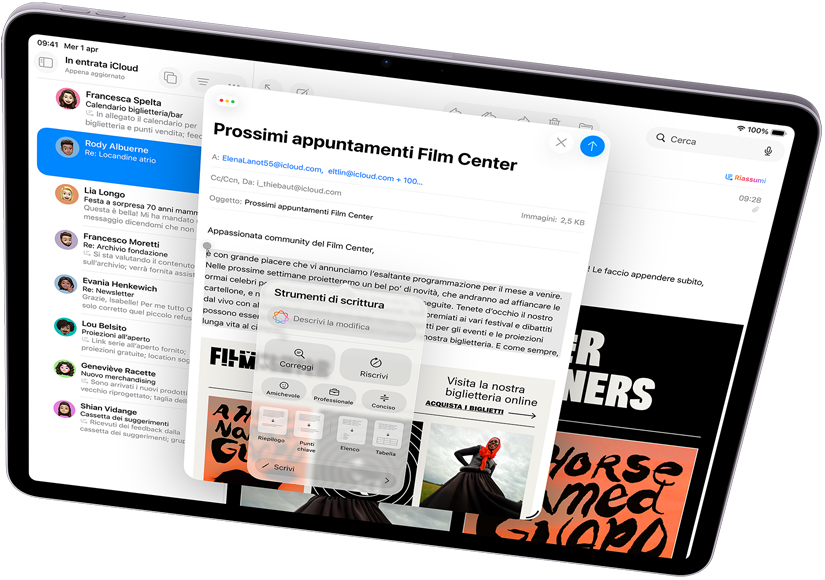 Un iPad Air in orizzontale che mostra gli Strumenti di scrittura di Apple Intelligence e Mail