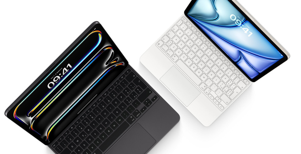 Un iPad Pro mostrato dall’alto, agganciato a una Magic Keyboard per iPad Pro nera, e un iPad Air mostrato dall’alto, agganciato a una Magic Keyboard per iPad Air bianca.