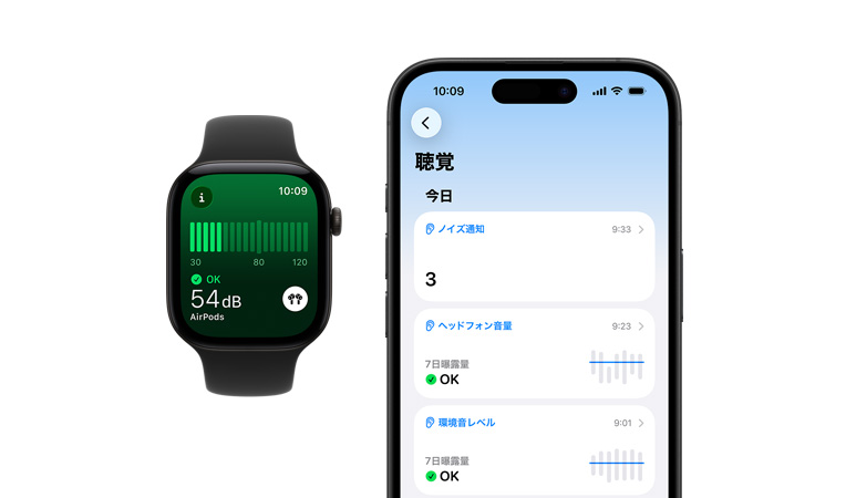Apple Watch Series 12、アルミニウムケース、カラーはブラック、ノイズアプリ、スポーツバンド、カラーはブラック、ペアリングしたiPhone上で聴覚に関する日ごとの詳しい要約が開かれている