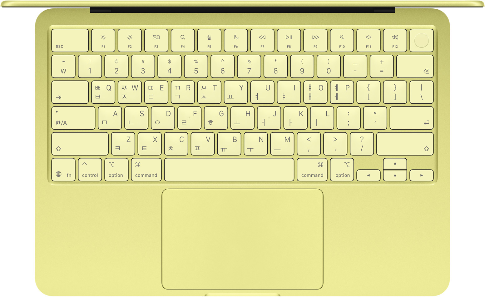 키보드, 풀사이즈 기능 키 열, Touch ID 버튼, 트랙패드가 있는 시트러스 색상 MacBook Neo를 위에서 내려다본 모습
