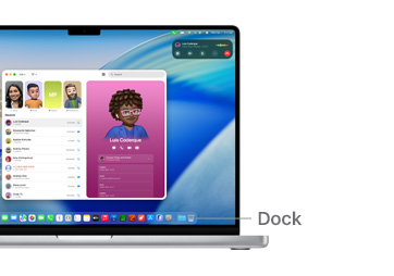 Dock의 위치를 나타내는 선이 표시된 MacBook Pro 14의 macOS 탐색 가이드.