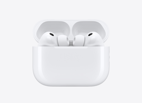 AirPods que sobresalen del estuche, uno frente al otro