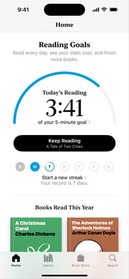 iPhone screen showing the Reading Goals interface in the Books app. At the top, there is a progress ring. Below the progress ring is the weekly reading streak tracker. At the bottom is the Books Read This Year section, which includes a row of two books, with an empty slot for a third