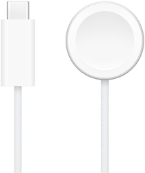 USB‑C įkroviklis šalia „Apple Watch“ magnetinio sparčiojo įkroviklio