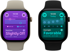 Du „Apple Watch Series 12“: aliuminio korpusas, šviesaus aukso spalva, dienos rodikliai šiek tiek nukrypę, „Digital Crown“, smėlio spalvos sportinis dirželis, aliuminio korpusas, juoda spalva, palankūs nakties rodikliai, „Digital Crown“, juodas sportinis dirželis