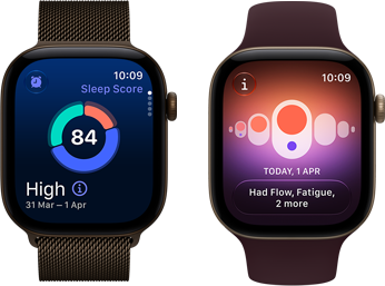 Du „Apple Watch Series 12“: tamsios bronzinės spalvos aliuminio korpusas, miego įvertinimo diagrama, „Digital Crown“ ir tamsios bronzinės spalvos „Milanese Loop“ apyranke; šviesaus aukso spalvos aliuminio korpusas, programa „Ciklo stebėjimas“ ir Burgundijos spalvos sportinis dirželis