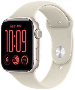 „Apple Watch SE 3“: žvaigždžių šviesos spalvos aliuminio korpusas, modulinis kompaktiškas ciferblatas, rodmenys: diena ir data, bėgimo treniruotė, aktyvumo žiedai, programa „Orai“, dešinioji išorinė pusė, „Digital Crown“, šoninis mygtukas, smėlio spalvos sportinis dirželis