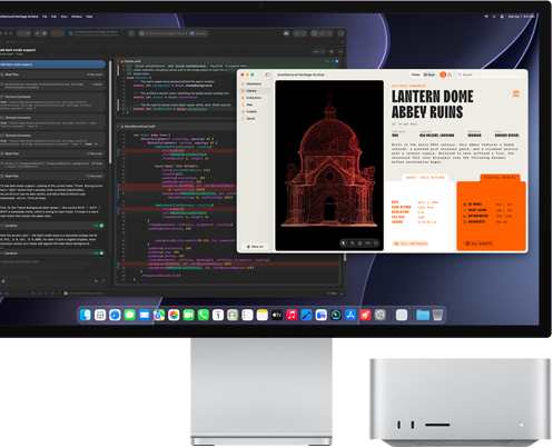 „Studio Display XDR“, ekrane rodomas „Claude Agent“ redaguojamas dokumentas programoje „XCode“, „Mac Studio“, vaizdas iš priekio