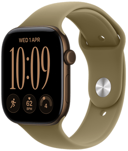 Apple Watch Series 12, alumīnija ietvars tumšā bronzas krāsā, labā sāna ārpuse, Digital Crown ritināmā poga, mikrofons, sānu poga, savienots ar sporta siksniņu olīvu krāsā (dzelteni zaļa), aizdare (sudraba krāsas aizdare)