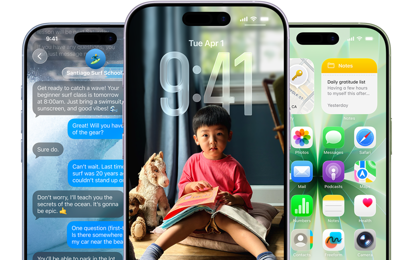 iPhone 17 ierīces, skats no priekšpuses, krāsas: miglas zila, lavandas, salvijas zaļa, iOS funkcijas – ziņojumi uz fona, Liquid Glass bloķēšanas ekrānā un sākumekrāns ar dažādām aplikācijām