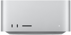 Mac Studio, priekšpuse, divi USB‑C porti, SDXC kartes slots, statusa indikators, trapecveida pamatne apakšā, plakana augšdaļa, noapaļoti sāni, taisnas malas, sudraba krāsa, Mac Studio, aizmugure, perforēts alumīnija ventilators, četri Thunderbolt 5 porti, viens Ethernet ports, viena barošanas ligzda, divi USB-A porti, viens HDMI ports, viena austiņu ligzda un ieslēgšanas/izslēgšanas poga