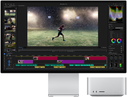 Studio Display XDR ar iebūvētu statīvu, Mac Studio lieliski iederas zem ekrāna, ekrānā redzamas video rediģēšanas un krāsu korekcijas rīku darbplūsmas