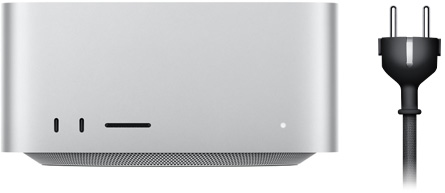 Mac Studio, priekšpuse, divi USB-C porti, SDXC kartes slots, statusa indikators, trapecveida pamatne apakšā, plakana augšdaļa, noapaļoti sāni, taisnas malas, sudraba krāsa.
