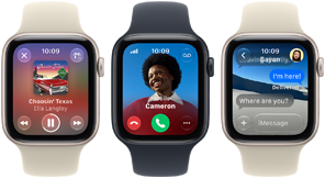 Three Apple Watch SE 3 devices next to each other, one showing the Apple Music app, one showing an incoming phone call, and one showing a Messages exchange