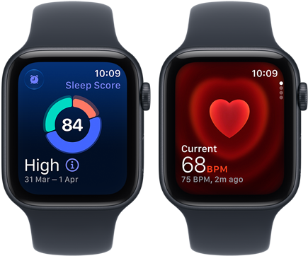 Two Apple Watch SE 3 devices, both with aluminum case, midnight color with navy blue Sport Band, one showing sleep score, one showing Heart rate app, right side exterior, Digital Crown
